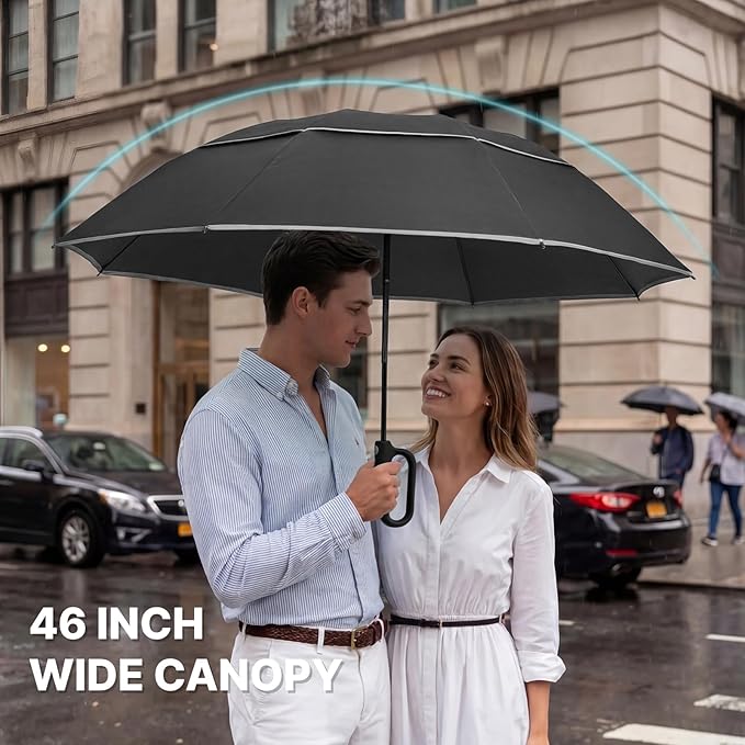 G4Free 46inch Ring Buckle Umbrella, Inverted Design with Carabiner Handle, Compact Travel Umbrella with Reflective Strip, Automatic Windproof for Rain