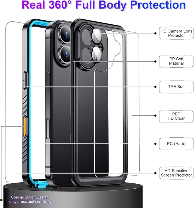 Compatible with iPhone 16 Case Waterproof, Built-in Screen & Camera Protector IP68 Underwater Full Body 16FT Military Dropproof Shockproof Phone Case 6.1"-Blue/Clear