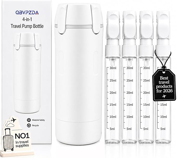 4 in 1 Travel Dispenser Bottle Flying Essentials Camping Toiletries Pump Leak Proof Size Portable Containers Refillable for Shampoo Lotion Creams Body Wash Conditioner Attached Label (White)