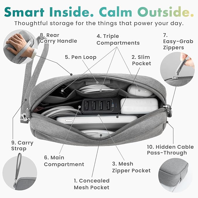 BELLEMOND Tech Organizer Pouch for Travel | Electronics Organizer Case for Cables, Chargers & Accessories | Hidden AirTag Pocket, Cable Pass-Through & Waterproof Base | Sumi Black