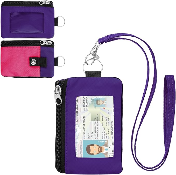 Minimalist RFID Wallet with Lanyard, Multi-functional ID Case with 2 Zipper Pockets and Key Chain for Men and Women, Tactical Badge Pouch Cards Holder, Coin Purse for Travel Sports - Purple&Rose