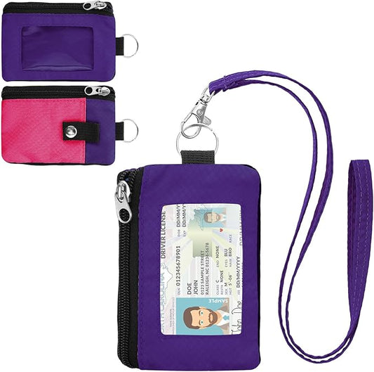 Minimalist RFID Wallet with Lanyard, Multi-functional ID Case with 2 Zipper Pockets and Key Chain for Men and Women, Tactical Badge Pouch Cards Holder, Coin Purse for Travel Sports - Purple&Rose