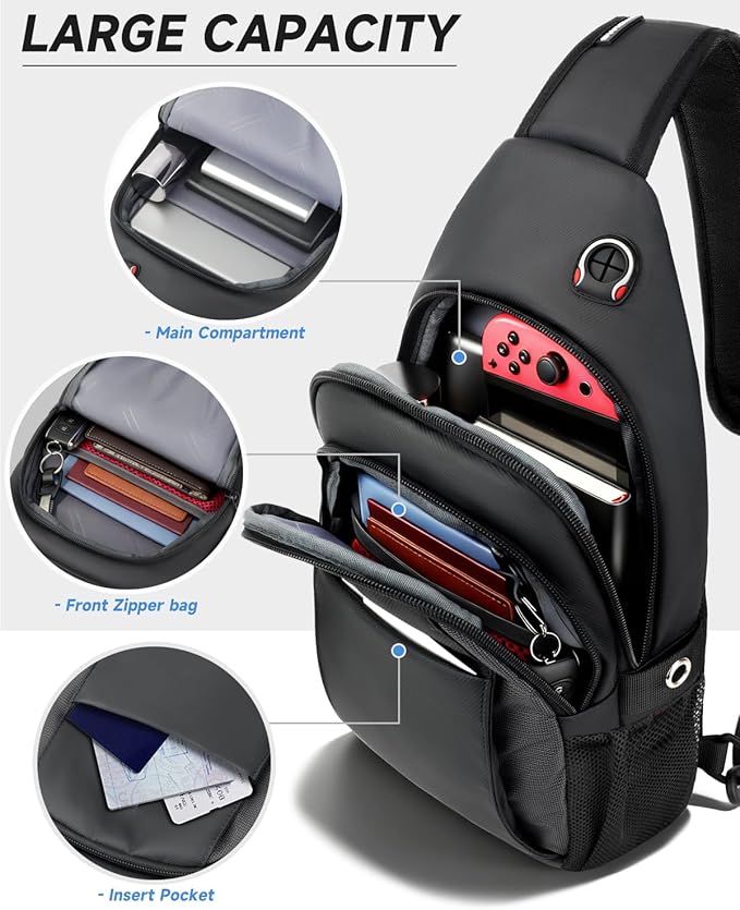 Anti Theft Sling Bag for Men, Expandable Crossbody Chest Bag with Water Bottle Pocket, Travel Sling Backpack Fits 11” iPad & Switch 2 for Commuting, Hiking, Daily Carry, Black | Mens Crossbody Bag