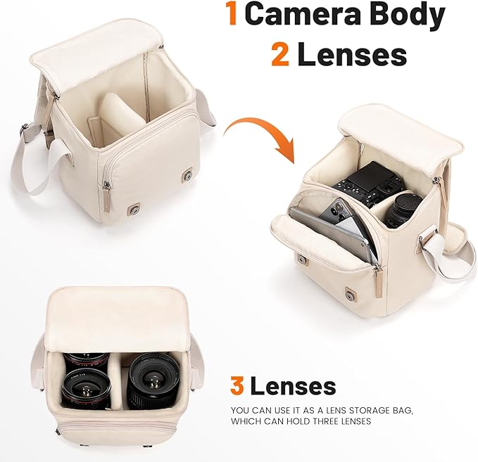 Cwatcun Camera Sling Bag for Women， Small Crossbody Bag Canvas Purse Compatible for Canon, Nikon, Sony Mirrorless Cameras & Lenses Cute Retro Beige