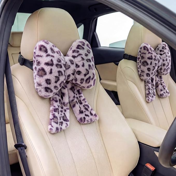 Macarrie 2 Pcs Car Neck Pillow Plush Butterfly Bow Car Headrest Pillow Comfortable Seat Neck Support Cute Head Rest Accessories for Driving Travel Driver Chair Girl Interior Decor(Purple,Leopard)