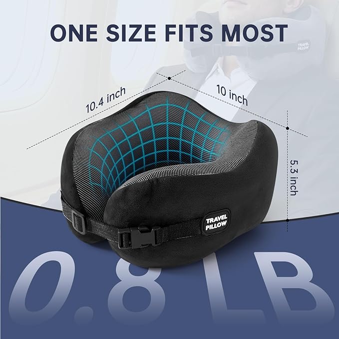 Neck Pillow Travel Pillow - 100% Pure Memory Foam Airplane Pillow with Adjustable Clasp & Removable Cover, Portable Travel Essentials for Long Flights, Car & Office (Black, with Eye Mask)