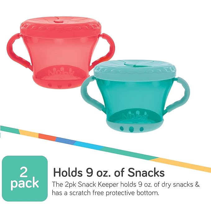 Nuby Toddler Snack Cups with Soft Flaps Lids - (2 Pack) 9 oz - Spill-Resistant Snack Containers for Kids - Portable Food Holders for Travel or Home - Coral and Aqua