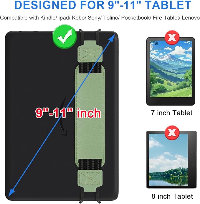 HoYiXi Soft Hand Strap for 9-11 Inch eReaders & Fire Tablet Compatible with Fire HD 10/iPad 9.7 /iPad mini/Galaxy Tab A8 A9/Huawei Lightweight Black High-Elasticity Finger Grip Holder -Green