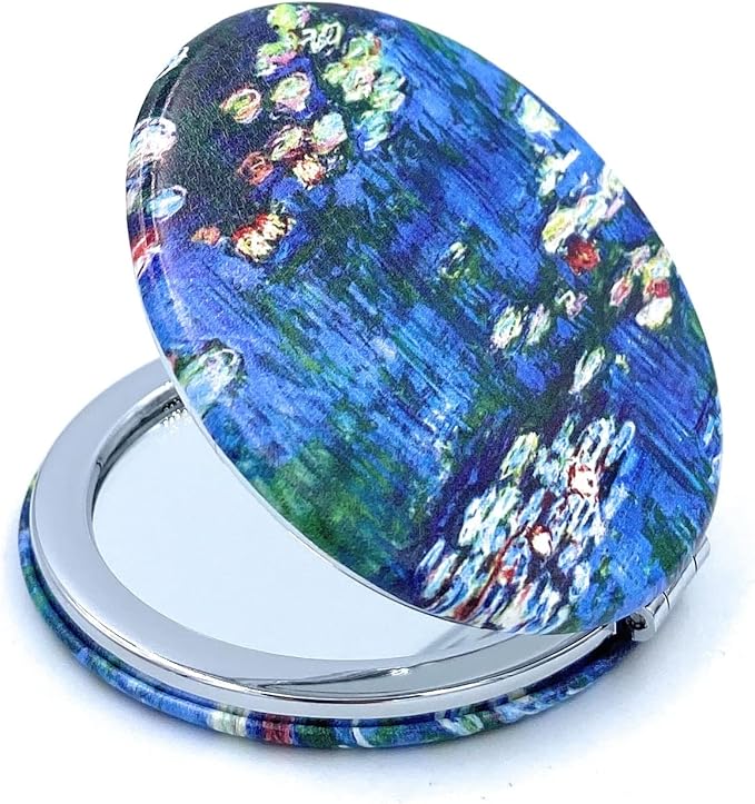 Small Handbag Mirror Compact Mirror for Girls Purse Mirror Folding Pu Leather Floral Compact Claude Monet Water Lilies Unique Gift for Sister