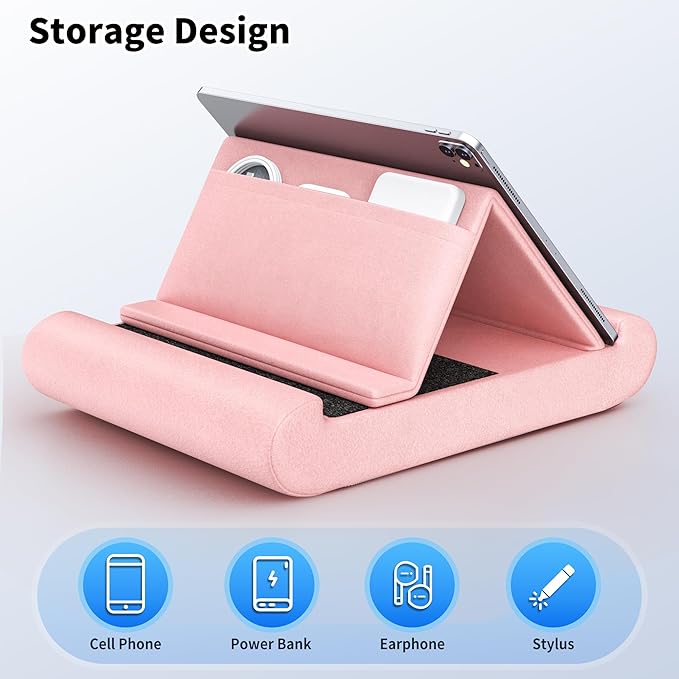 CreaDream Tablet Pillow Stand, Foldable Tablet Holder for Lap, Bed and Desk, Soft Pillow Pad with Pocket and Stylus Mount, for 4-13" Tablets, Like iPad Pro 11, 13, Air, Mini, Kindle, Galaxy Tab, Pink