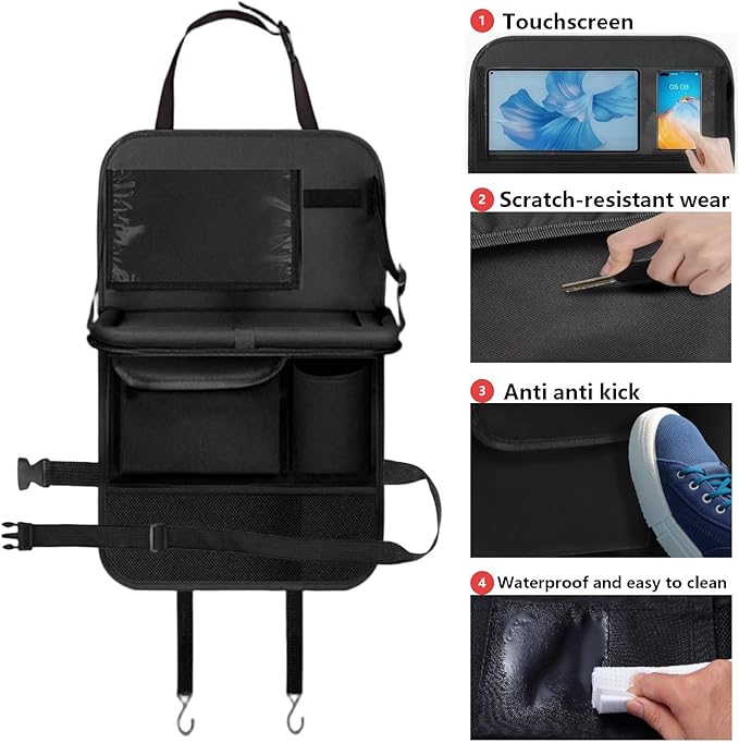 TCJJ Car Seat Organiser, Car Organiser Back Seat for kids, Car Backseat Seat Kick Protector with Tray and Touch Screen Tablet Storage Pockets Black/2 Pack