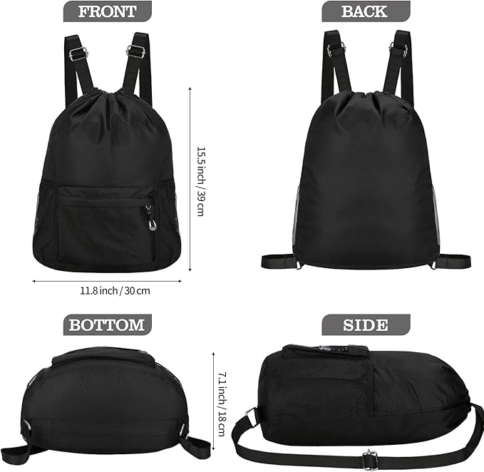 Waterproof Drawstring Bag, Lightweight String Backpack with Water Bottle Holder and Pockets, Gym Sports Cinch Sackpack (Black)