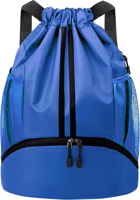 JELUTAR Drawstring Backpack Gym Bag with Shoes Compartment for Soccer, Basketball, Swim, Water-Resistant String Backpack Beach Cinch for Women Men, Blue, Medium