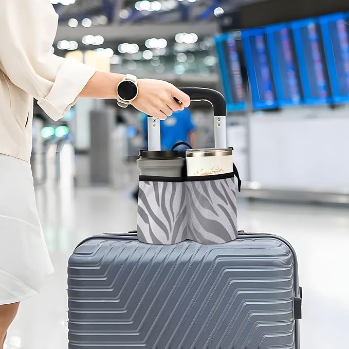 Luggage Cup Holder for Suitcases Free Hands Suitcase Cup Holder Travel Luggage Drink Holder Portable Luggage Cup Caddy Bag Carrier with Handle Light Silvery Zebra Print