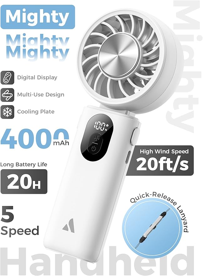 Aecooly Mighty Portable Handheld Fan with Cooling Plate | 20H Max Cooling Time | 3 Flexible Modes | 5 Speeds Wind | Battery Level Display | Mini Personal Battery Powered, Gifts for Women, Travel-White