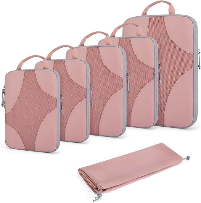 BAGSMART Compression Packing Cubes for Travel, 6 Set/14 Set Compressible Luggage Organizer for Cruise Ship, Lightweight Travel Essentials (1L+2M+2S+Shoe bag+Drawstring bag+Toiletry bag+6Plastic bags)