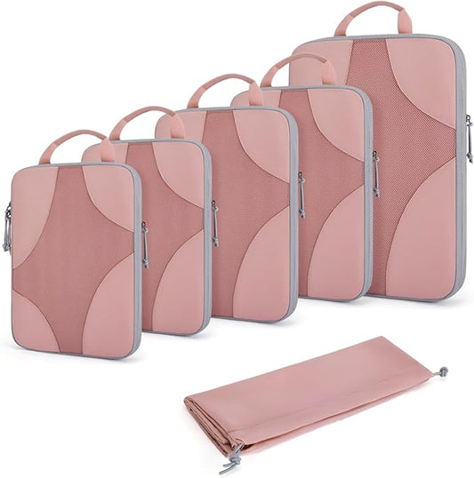 BAGSMART Compression Packing Cubes for Travel, 6 Set/14 Set Compressible Luggage Organizer for Cruise Ship, Lightweight Travel Essentials (1L+2M+2S+Shoe bag+Drawstring bag+Toiletry bag+6Plastic bags)