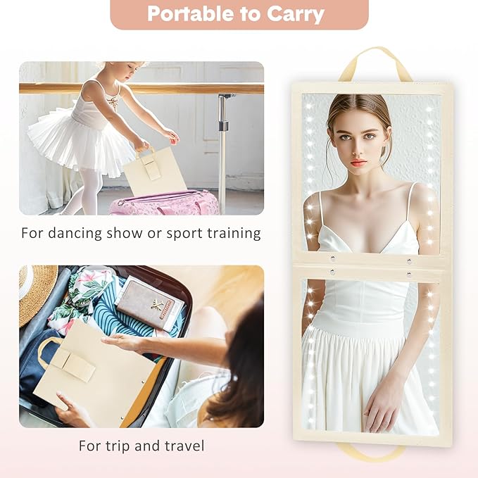 Fabuday Lighted Hanging Mirror for Dance Backstage - Rechargeable Folding LED Full Length Mirror with Lights for Dancers, Portable Foldable Travel Body Mirrors, Brightness Adjustable, Beige