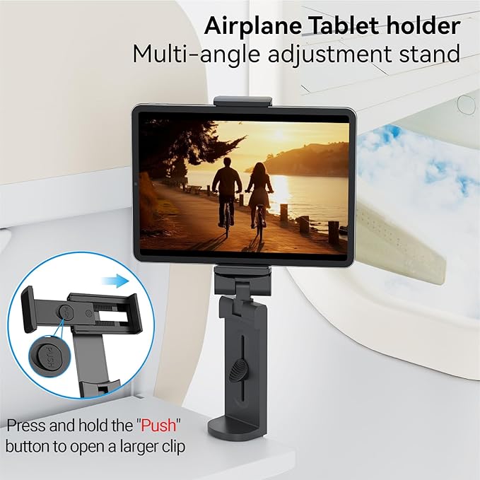 Airplane Tablet Holder Mount, Travel Essential Handsfree Tablet Stand with 360 Degree Rotation, Maximum 7.6” Clamp Opening, Compatible with iPad/Galaxy Tabs (Only Fits 7–11" Tablets)