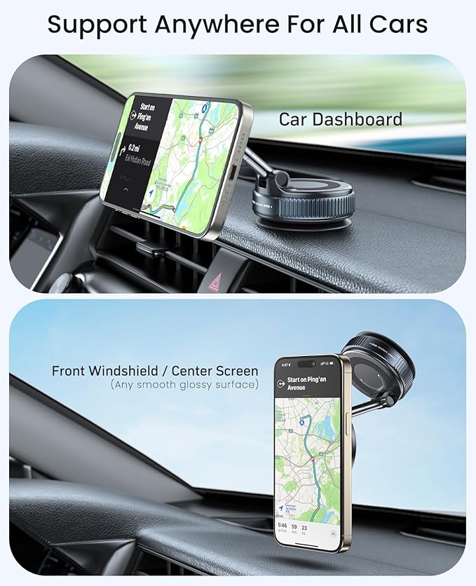 JOYROOM Magsafe Car Mount, Car Mount for iPhone with Strong Magnet, 360° Metal Strut Vacuum Suction Cup Phone Mount for iPhone 17 Air Pro Max/16 15 14 13 12 Series& Android Magsafe Case, Black