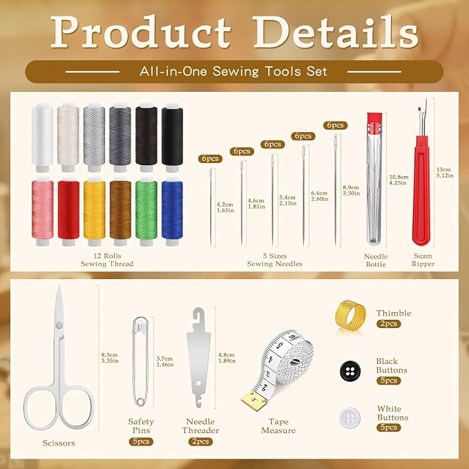 SHWAKK Sewing Kit for Adults, Stainless Steel Needles for Hand Sewing with Thimble, Threader, Thread Rippers, Big Eye Steel Needle and Thread Kit for Beginner, Traveler and DIY Crafter