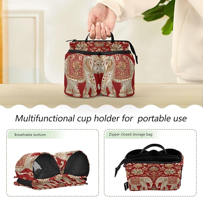 Luggage Cup Holder for Suitcases Free Hands Suitcase Cup Holder Travel Luggage Drink Holder Portable Luggage Cup Caddy Bag Carrier with Handle Red Retro Elephant Flowers
