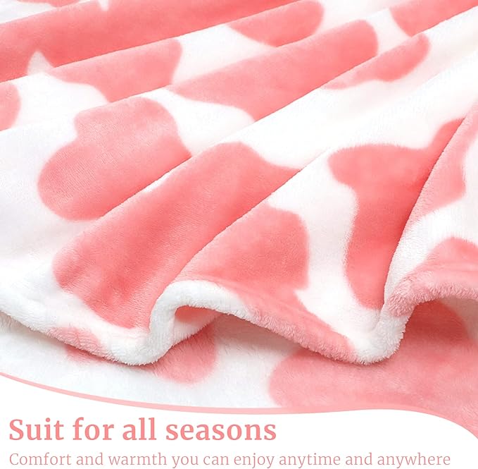 Pink Cow Throw Blanket Gifts for Women Girls Teen, Soft Plush Fleece Flannel Cozy Blanket for Couch Bed, Lightweight Warm Blanket, Kawaii Cow Print, Cowgirl Room Decor, Cute Strawberry Blanket