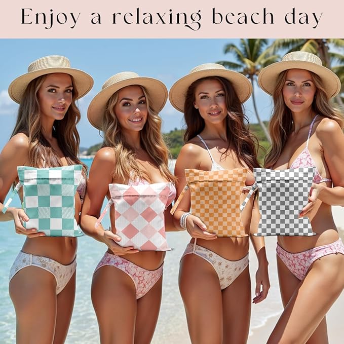 Wet Bag, 4Pcs Wet Dry Bag Set, Reusable Waterproof Bags with Vibrant Plaid for Women, Versatile for Beach, Pool, Weekend Travel & Daily Essentials Keeping