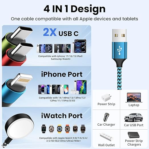 Travel Essentials,USB A/C 4 in 2 Multi Charging Cable for i Watch Charger/Type C Charger/IP Port,Travel Chargers for Multiple Devices, Portable Designed for iWatch &iPhone 17-8 (1, Blue, 5FT)