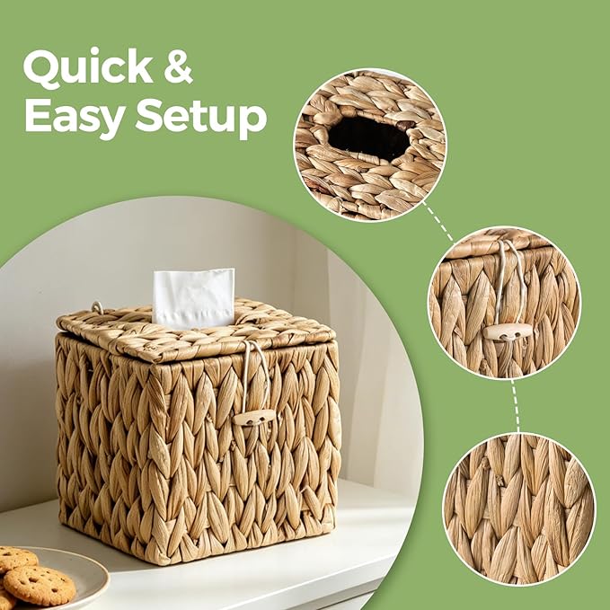Rattan Tissue Box Cover with Lid, Wicker Tissue Box Holder Square, Hand Woven Cube Tissue Box Cover Tissue Holder for Bathroom Living Room Kitchen Office, Natural