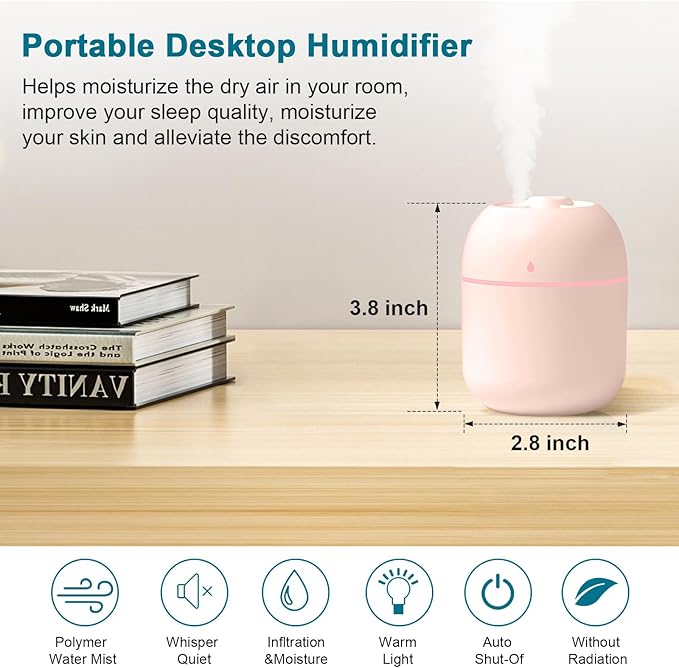 Portable Small Humidifier, USB Personal Desktop Humidifier for Car, Office Room, Bedroom, Auto Shut-Off, 2 Mist Modes, Super Quiet, 220ml, Pink