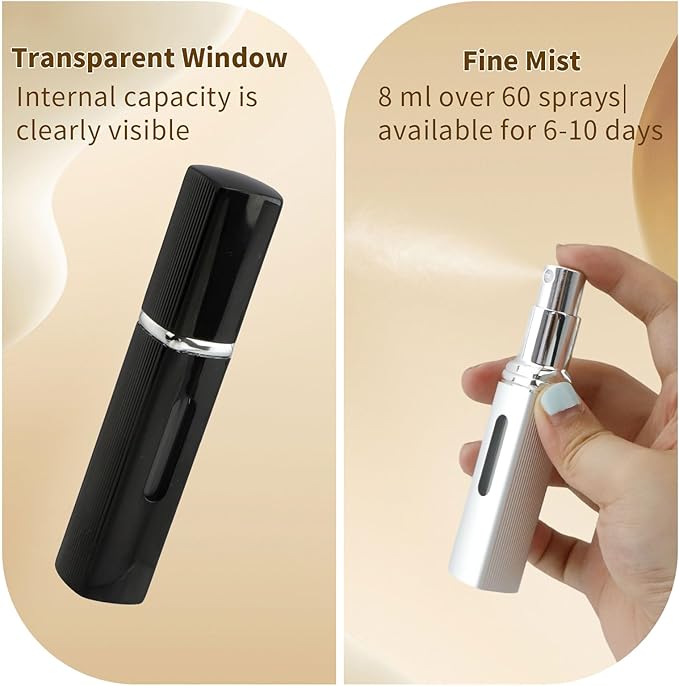 JEPELUS 6 PCS Portable Refillable Travel Perfume Atomizer, 8ml Cologne Travel Spray Bottle Empty, Mini Refill Perfume Sprayer Dispenser for Women Men, Unique Bottom-Filling Leak-Proof Scent Pump Case