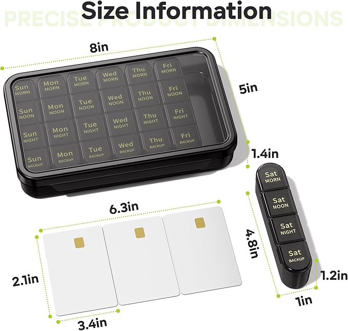 Daviky Pill Organizer 4 Times a Day - Pill Box 7 Day, Weekly Medicine Pill Organizer for Travel with Removable Containers, Pill Case to Hold Daily Vitamins, Supplements and Medication (All Black)