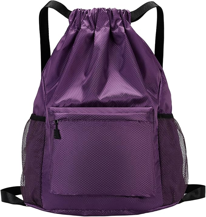 Tygelluis Drawstring Backpack, Waterproof Gym Bag with Water Bottle Pocket for Women Men, Pull String Sport Bag for Swim, Soccer and Basketball,Purple