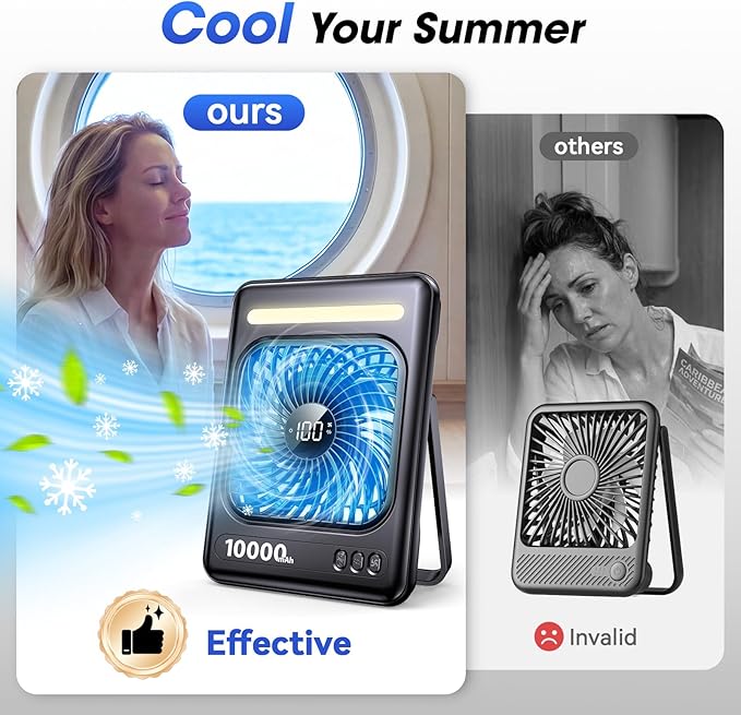 10000mAh Portable Travel Fan, 5 Speeds Strong Wind Cruise Fan with LED Lantern, 24H Runtime Personal Rechargeable Fan, 2/4/6/8H Timer, Ultra-thin Quiet Desk Fan for Camping, Office, Bedroom, Beach