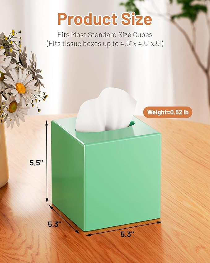 Tissue Box Cover, Square Plastic Tissue Box Holder with Anti Slip Base, Modern Decor Facial Napkin Holder for Bathroom Vanity Countertop, Bedroom Dresser, Night Stand, Parlors, Offices, Green