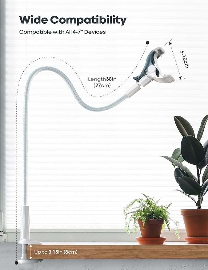 Lamicall Gooseneck Phone Holder Bed - [Nylon Braided] Flexible Arm, Overall Length 38inch, 360 Adjustable Clamp Clip, Overhead Cell Phone Mount Stand for Bed, Desk, White & Blue