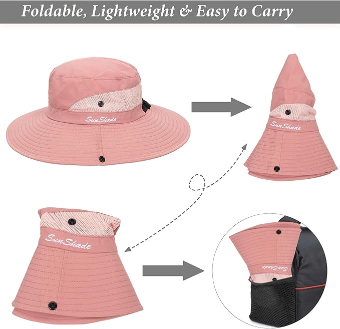 Sun Hat for Women Summer UV Protection Beach Hat Wide Brim Mesh Bucket Fishing Hat with Ponytail Hole Foldable Packable Hat