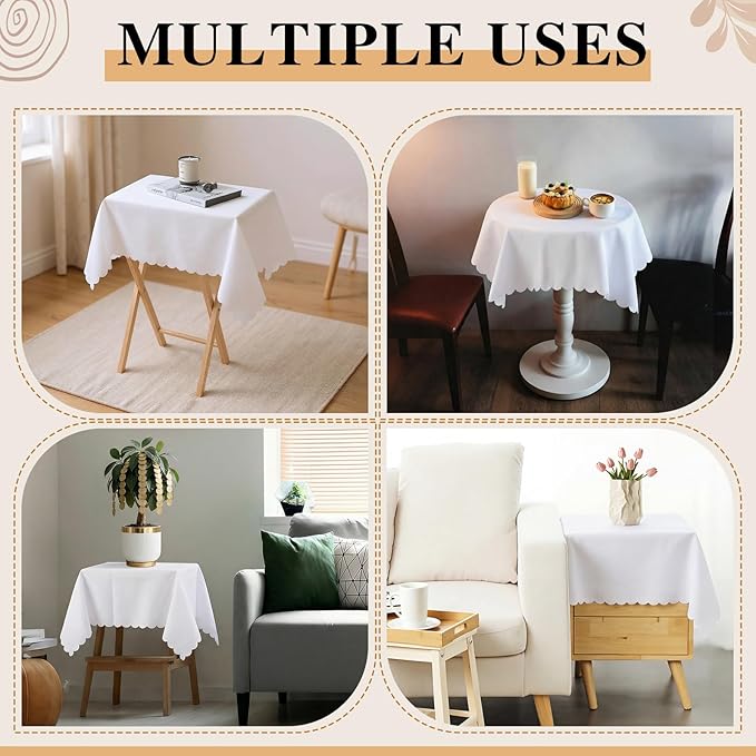 Oudain 2 Pcs Small Tablecloth Washable Fabric Folding TV Tray Table Cloth Polyester Solid Color Nightstand Cover for Bedside Table Side Outdoor Indoor (White,24 x 36 Inch,Lace Edge)