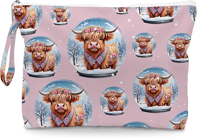 Fokongna Cute Print Wet Bag, Small Portable Waterproof Multi-Functional Organizer for Women, Pink Highland Cow Snow Globe, Ideal for Daily, Beach & Travel