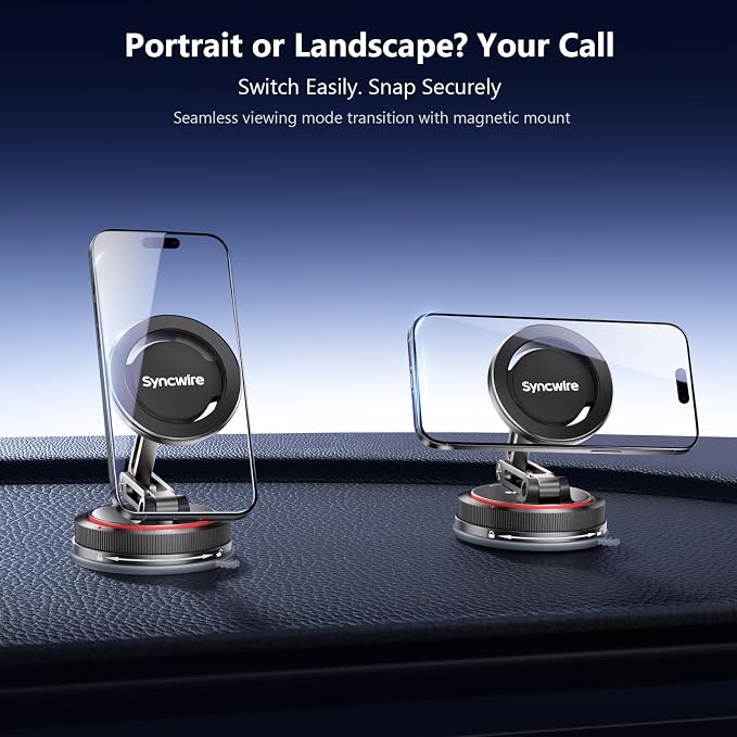 SYNCWIRE for MagSafe Car Mount [3-Axis] Nano Adhesive Gel + Strong Suction Cup Magnetic Phone Holder for Dashboard & Windshield, 360° Adjustable for iPhone 17 16 15 14 13 12, Samsung, Matte Black
