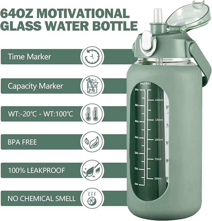 64oz Glass Water Bottles with Straw, Half Gallon Motivational Glass Bottle with Silicone Sleeve and Time Marker, 2L Leakproof Large Glass Water Jug for Gym Home Office,olive