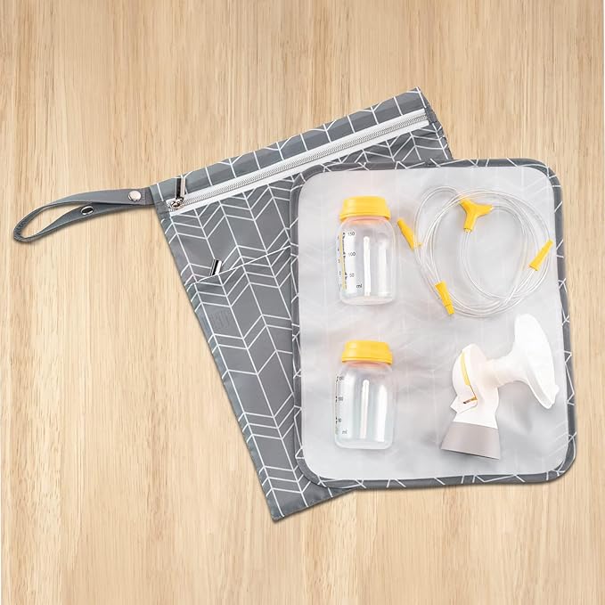 Wet Dry Bag for Breast Pump Parts Storage, Waterproof Pump Parts Bag with Place Mat for Moms Pumping at Work-Wave