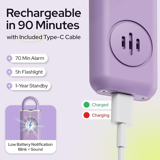 Personal Alarm for Women Safety - 130dB Loud Rechargeable Keychain Siren - LED Light, Carabiner Clip, Low Battery Alert, USB-C Charging TSA Safe Self Defense Alarm by Weten (Lavender)