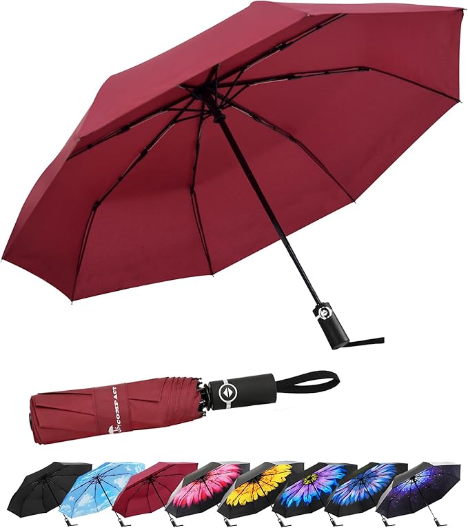 SY COMPACT Travel Umbrella for Rain, Windproof Automatic Compact Umbrella, UV Sun Protection, Lightweight Waterproof Travel Size for Backpack & Car, Factory Direct