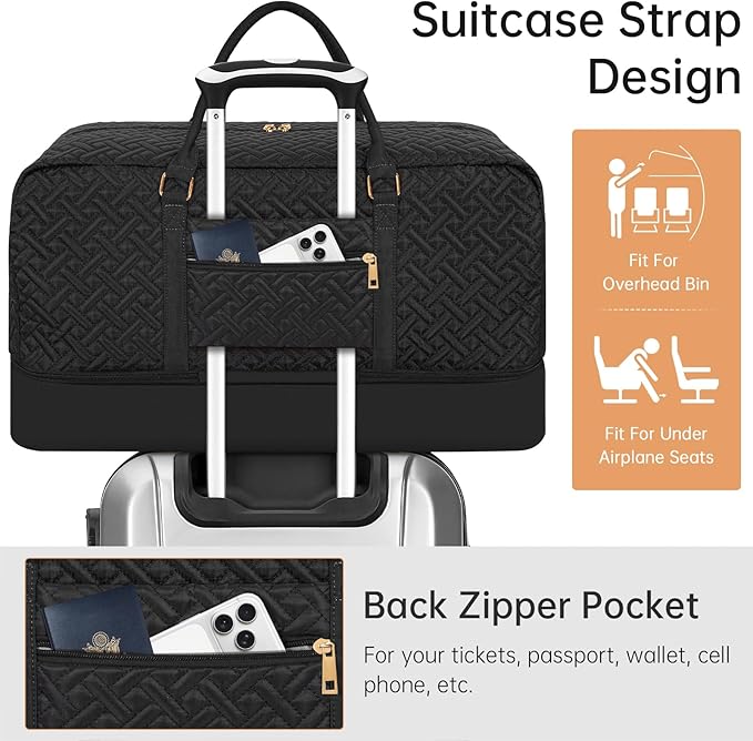 Weekender Bag for Women, 6 Pcs Set Carry on Overnight Bag, 21" Travel Duffel Bag with Initial Clear Makeup Pouch and Waterproof Shoe Compartment