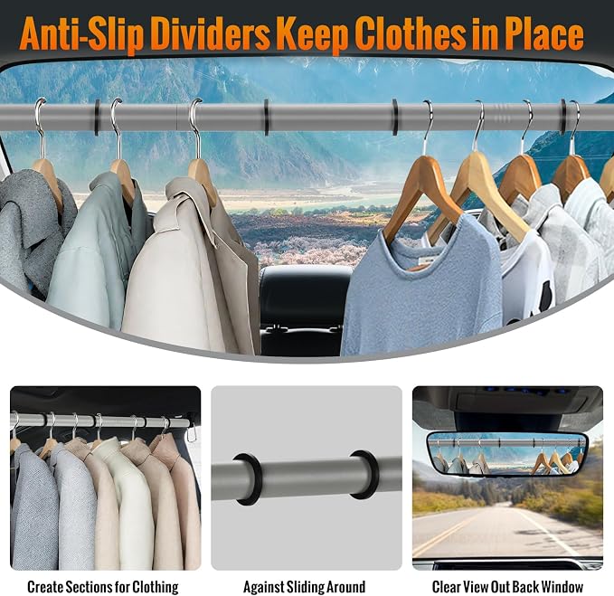 Car Clothes Hanger Bar Heavy-Duty Wrinkle Free Clothes Rack for Car Adjustable 30-64 Inches Automotive Travel Hangers for SUVs, Vans, Trucks, RVs (Gray)