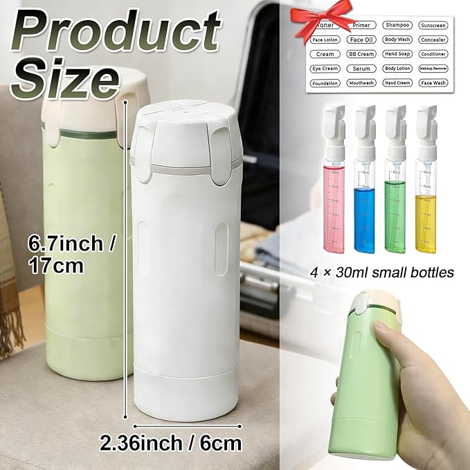 4 in 1 Travel Pump Dispenser Bottle, 30ML 4 Pack Leak-Proof Pump Containers with Measurement Scale & Label Stickers, Portable Bottles for Toiletries, Shower & Travel Use (White)