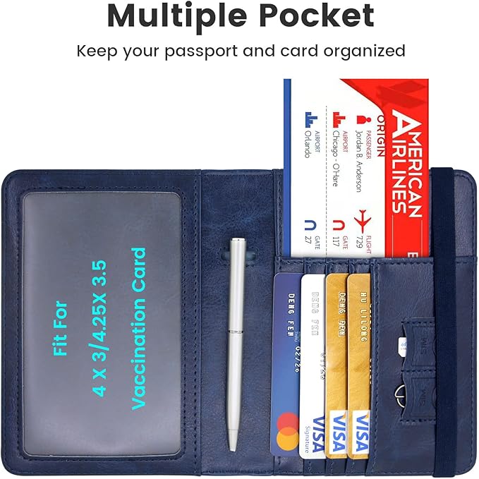 Passport Holder for Travel, RFID Blocking Passport Cover with Vaccine Card Slot, Leather Travel Wallet Combo & ID Organizer for Women, Dark Blue