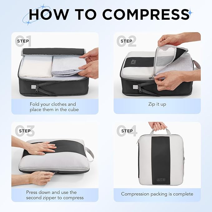 8 Set Compression Packing Cubes for Travel Essentials,Compressible Expandable Packing Cubes for Suitcase,OlarHike Luggage Garment Bags for Travel,Handy Helper for Organizing Clothes(Black)
